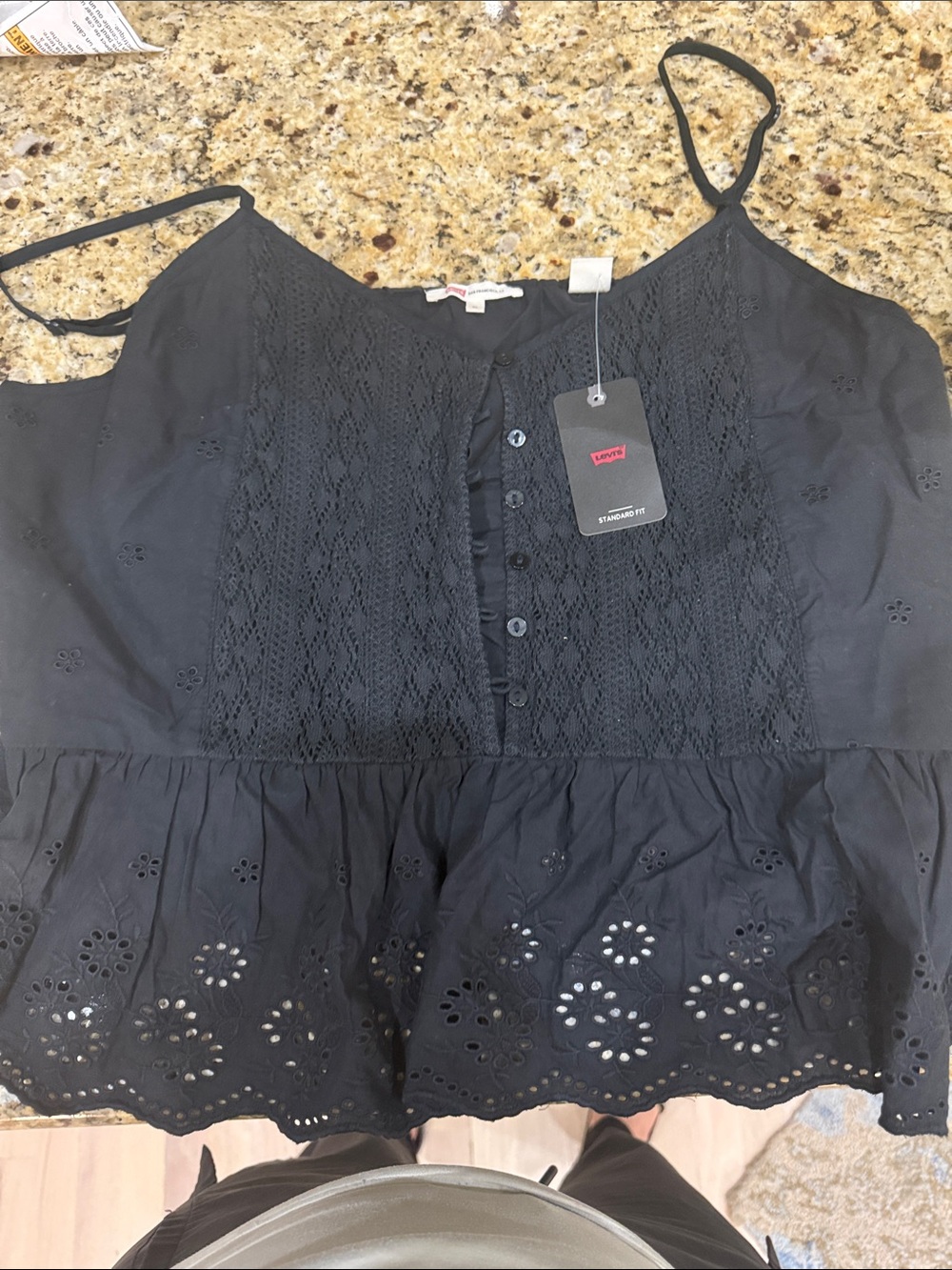 Levi's Black Eyelet Lace Button-Front Peplum Cami